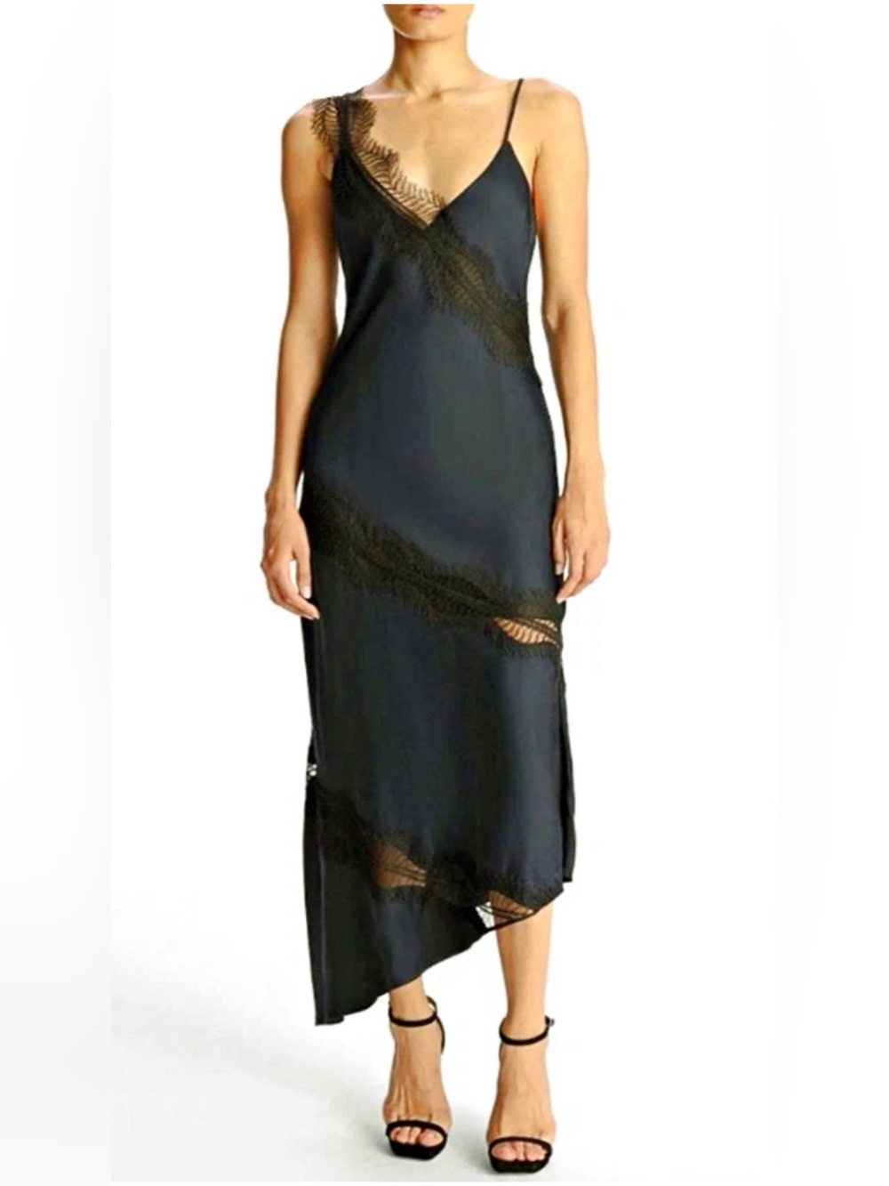 House of Harlow 1960 | Black Lace-Trim Slip Midi Dress